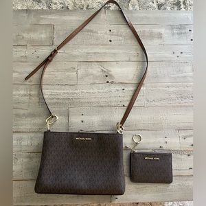 Michael Kors brown signature print cross body bag with matching coin wallet